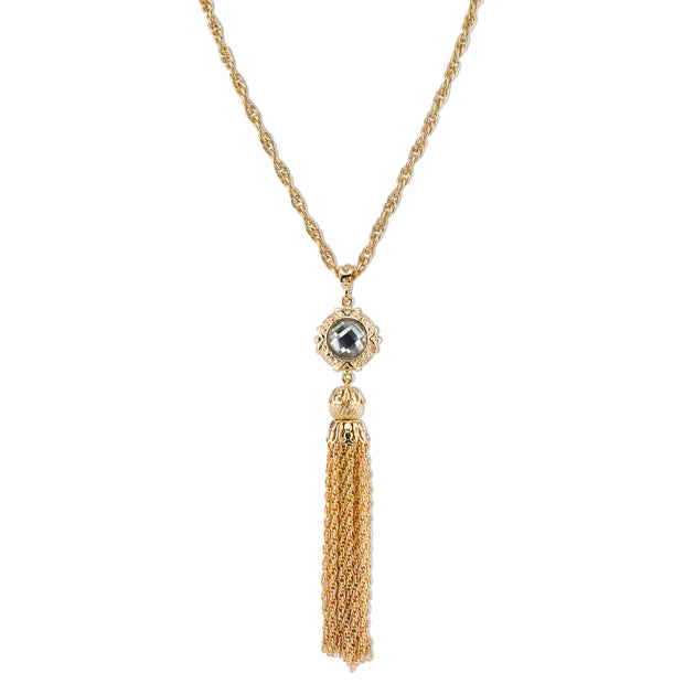 Gold Tone And Crystal Tassel Necklace 28 In
