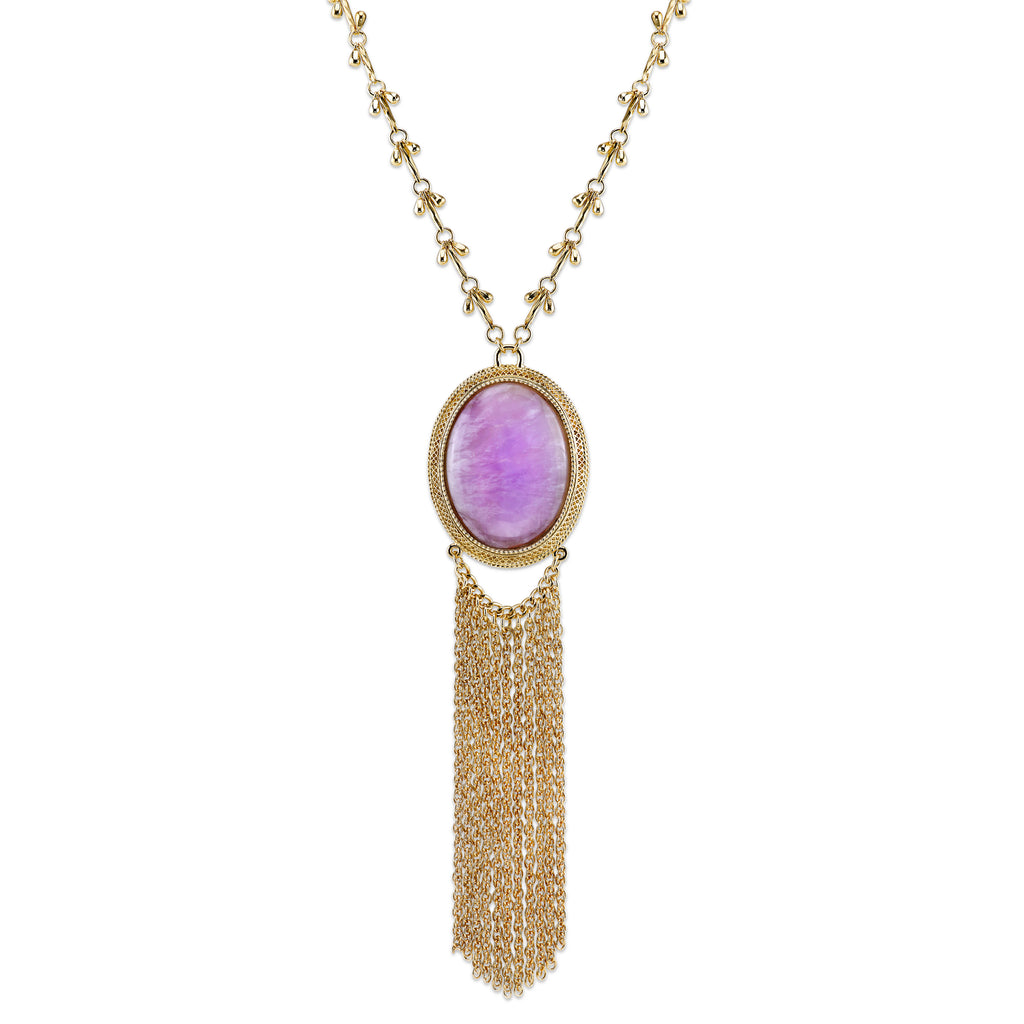 Gold Tone Purple Amethyst Gemstone Pendant Tassel Necklace 26 In Adj