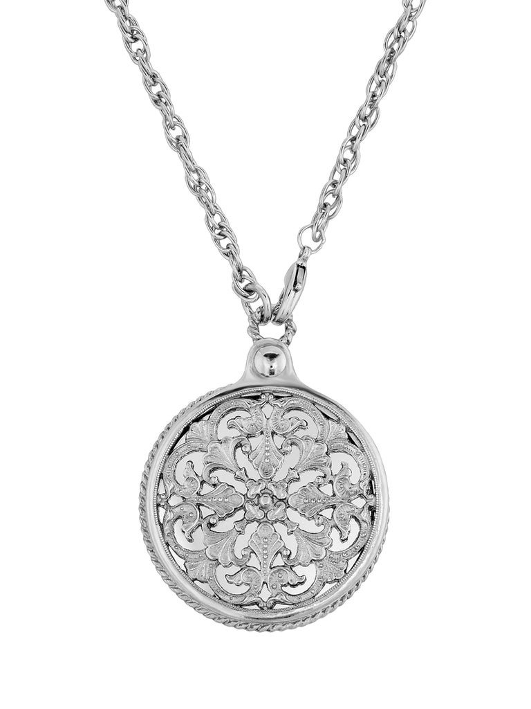 Silver Tone Monastery Mirror Pendant Necklace 32 In