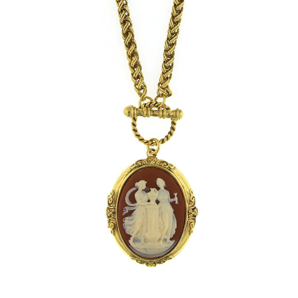 Gold Tone Carnelian Color Cameo Grecian Muses Locket Necklace 32 In