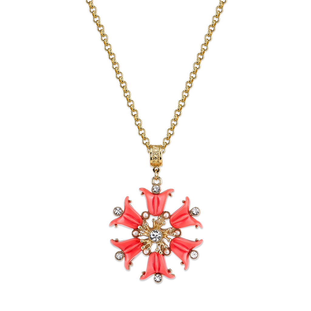 Coral Orange, Crystal And Faux Pearl Flower Pendant 30 Inches  Necklace