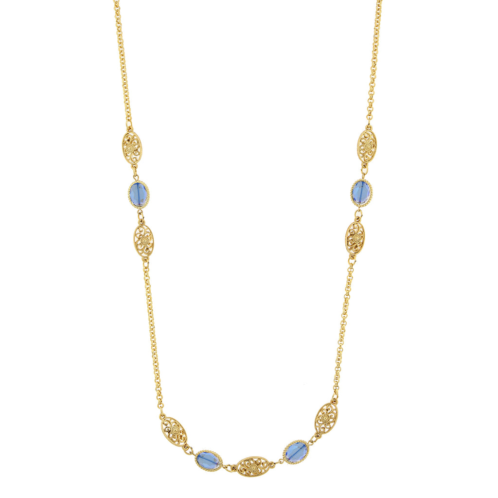 Gold Tone Blue Beaded Strand Necklace 40 In