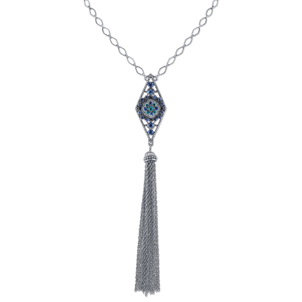 Silver Tone Blue And Aqua Tassel Necklace 26 In