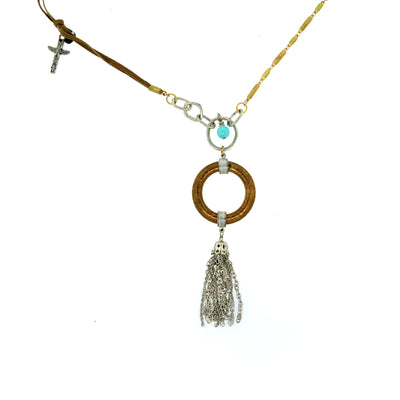 Brass Silver Tone Genuine Howlite Turq. Dyed Circle Tassle Drop Necklace 30 In