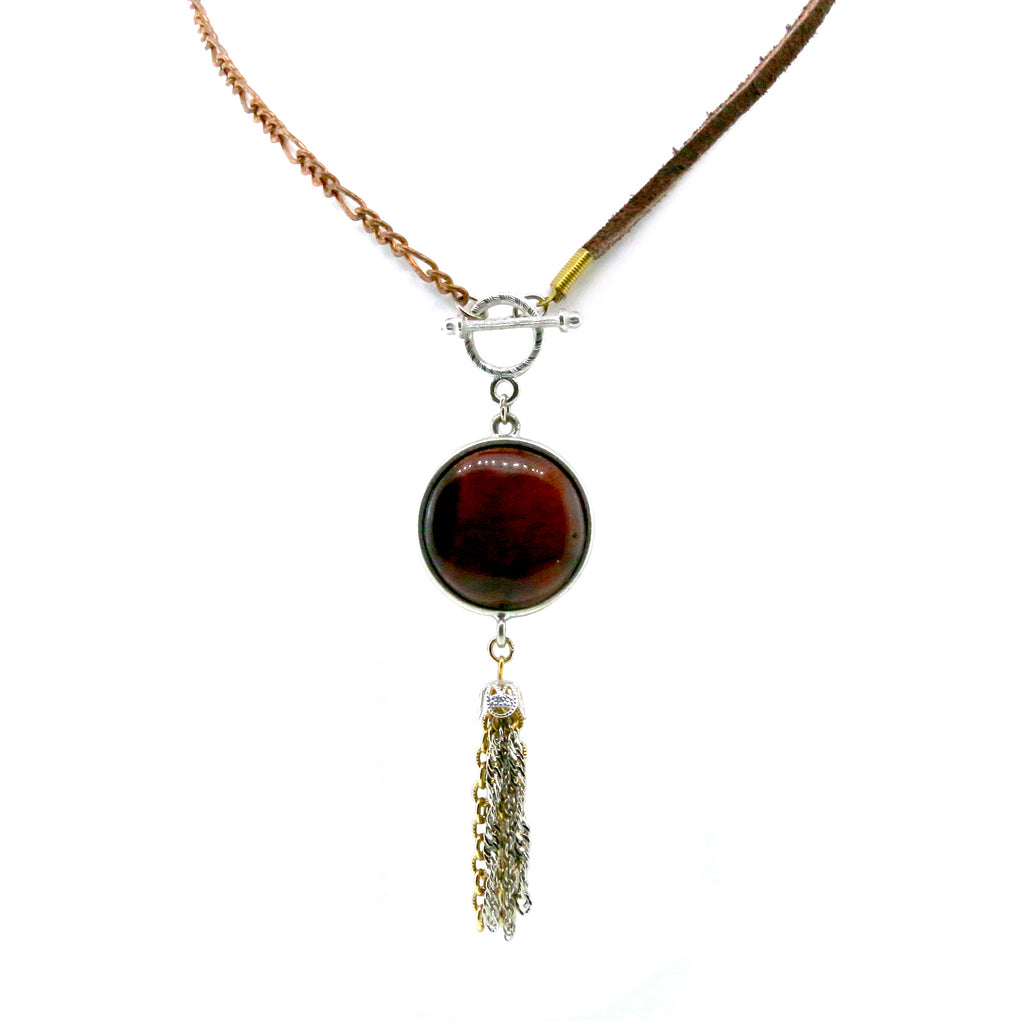 Copper Leather Genuine Tiger Eye Toggle Tassle Necklace 30 In
