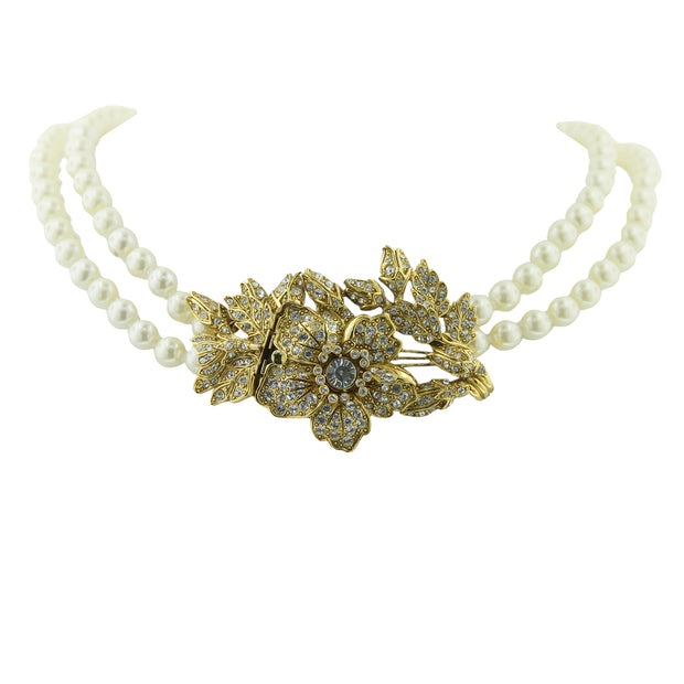 Faux Pearl With Crystal Double Strand Flower Necklace 44 Inches