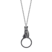 Pewter Cat Magnifying Glass Pendant Necklace 30 In