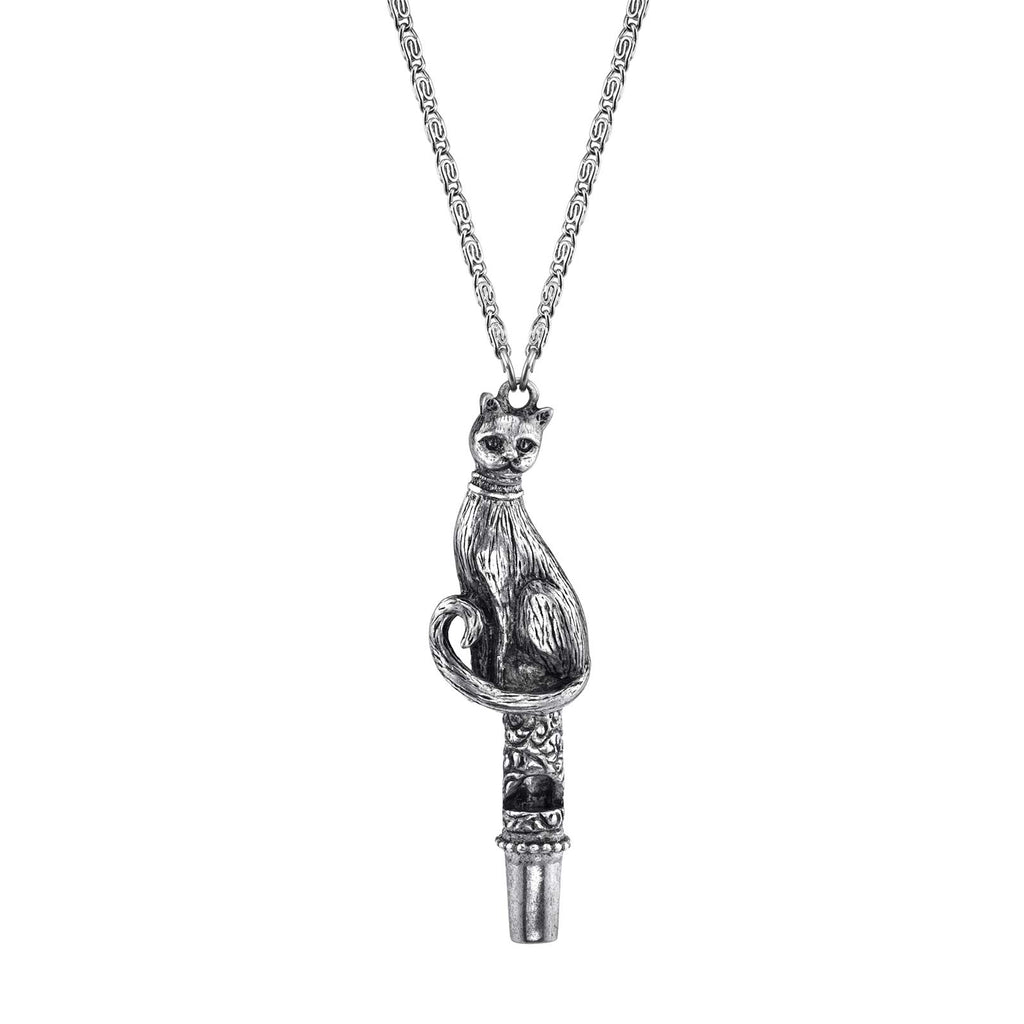 Antiqued Pewter Cat Whistle Pendant Necklace 30 In
