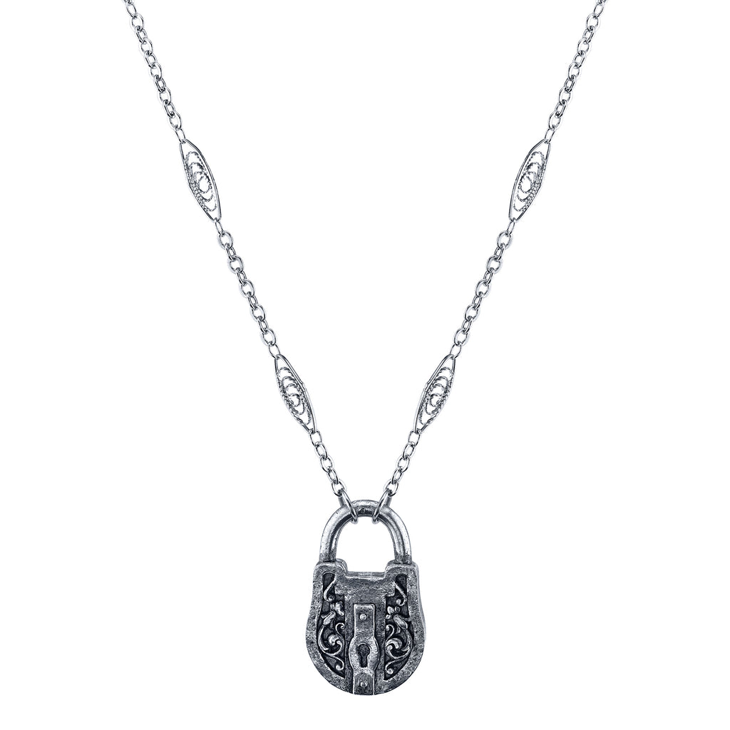 Antiqued Pewter Lock Pendant Necklace 30 In