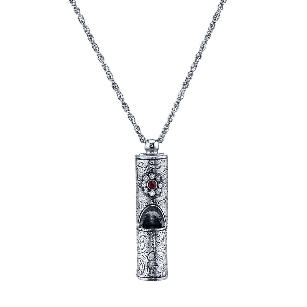 Antiqued Pewter Whistle With Crystal Accent Flower Necklace 28" Red