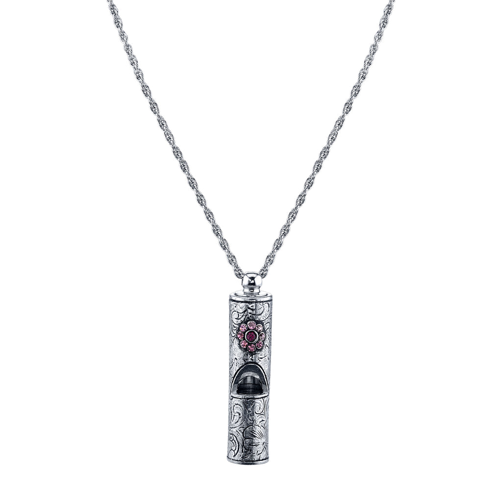 Antiqued Pewter Whistle With Crystal Accent Flower Necklace 28" Purple