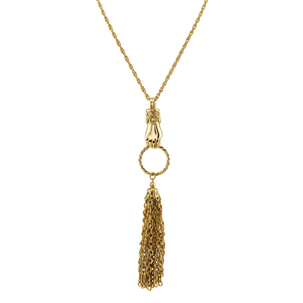 Gold Tone Hand And Tassel Necklace 30 In