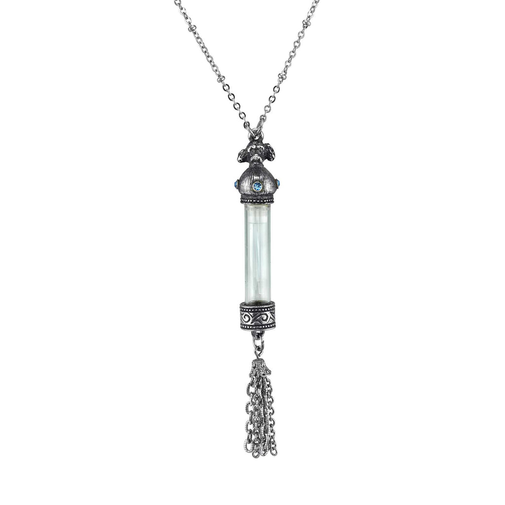 Pewter Blue Crystal Dog Vial With Tassle Necklace 30 In