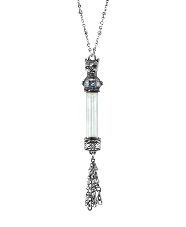 Antiqued Pewter Blue Crystal Cat Vial Tassle Necklace 30 Inches