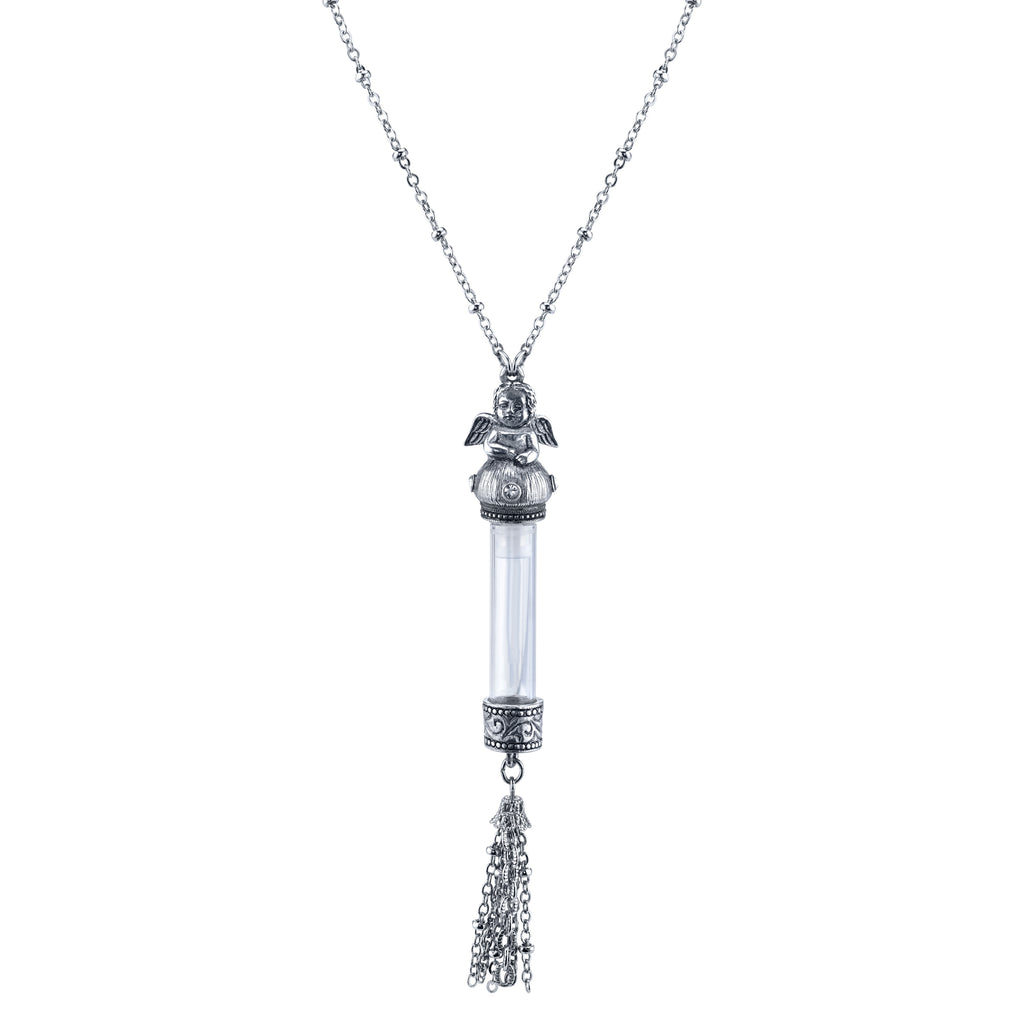 Antiqued Pewter Crystal Angel Vial Tassel Necklace 30 In
