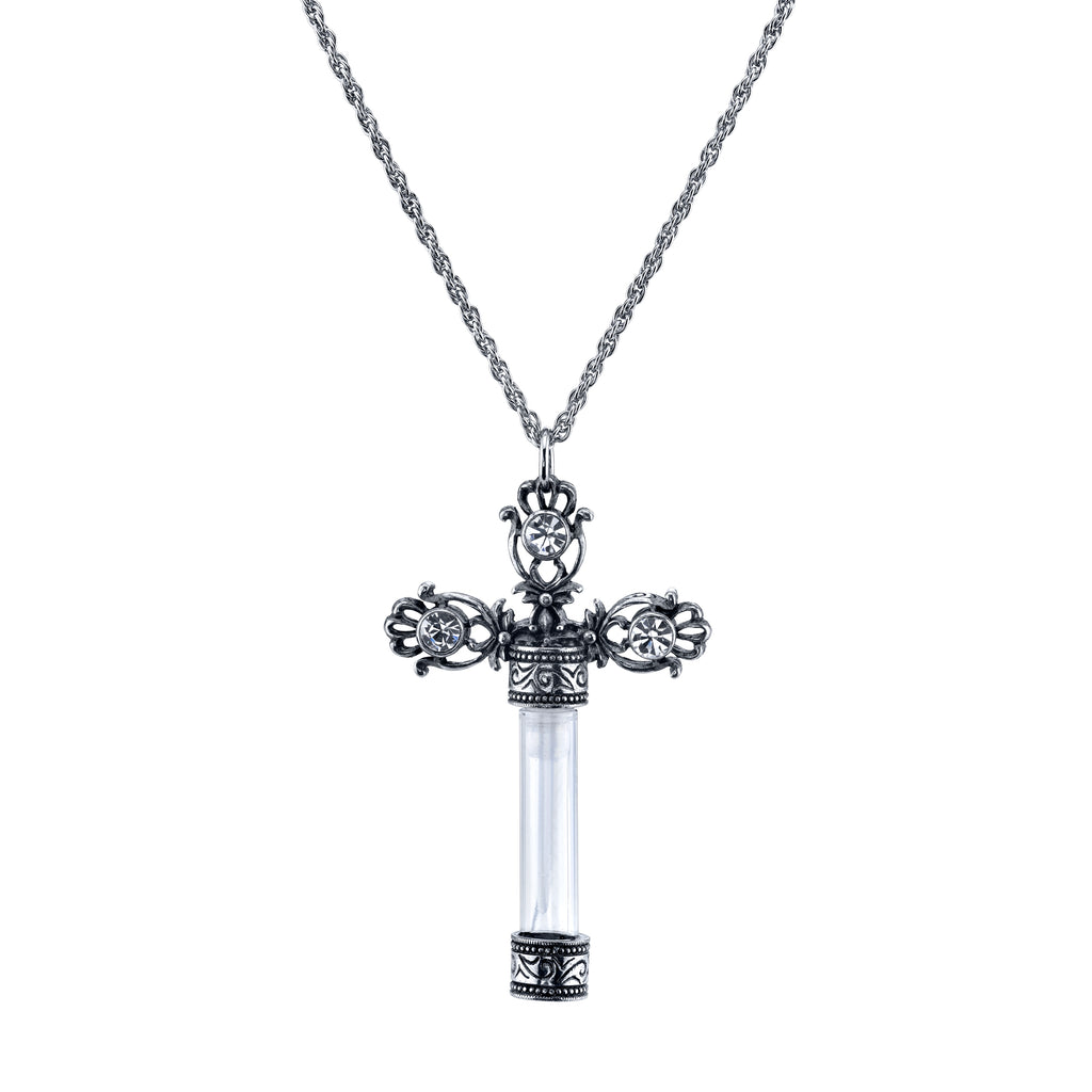 Antiqued Pewter Crystal Cross Vial Necklace 30 In
