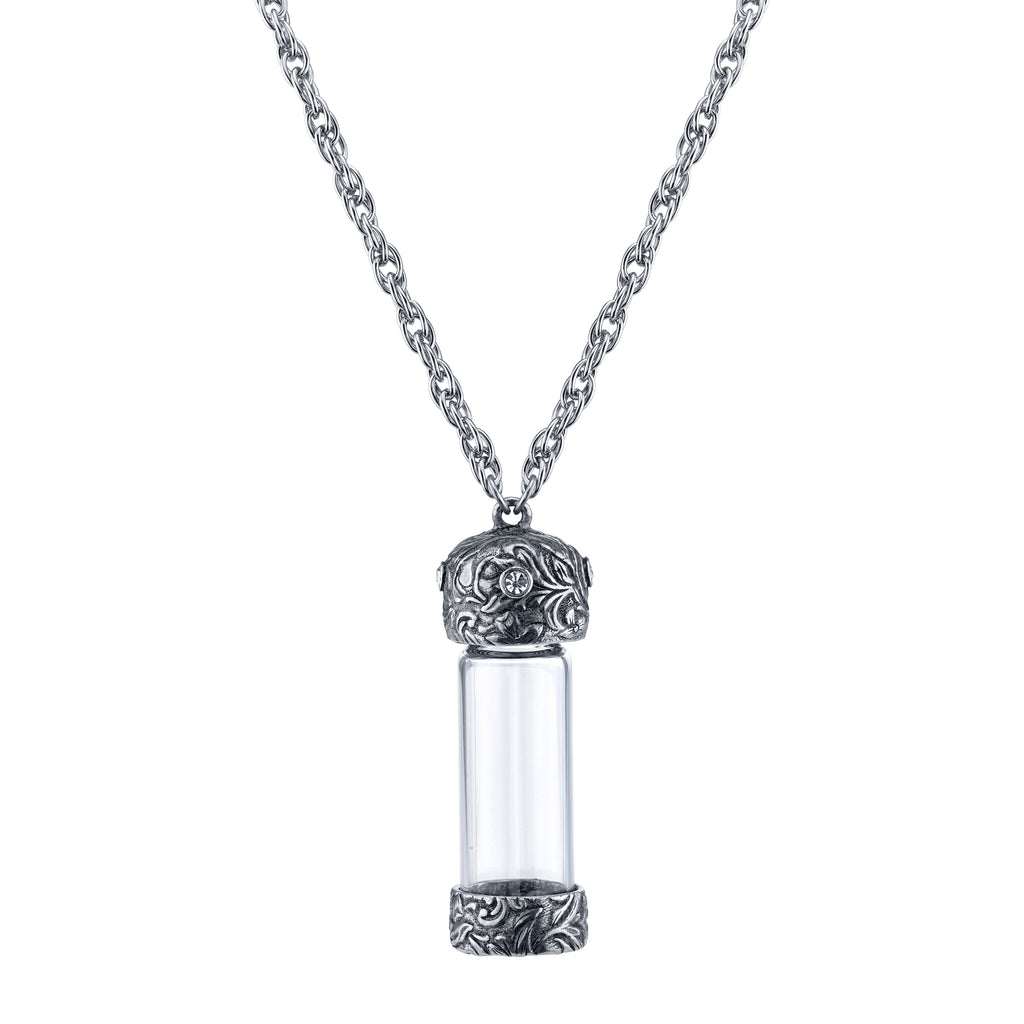 Antiqued Pewter Crystal Glass Vial Necklace 30 In