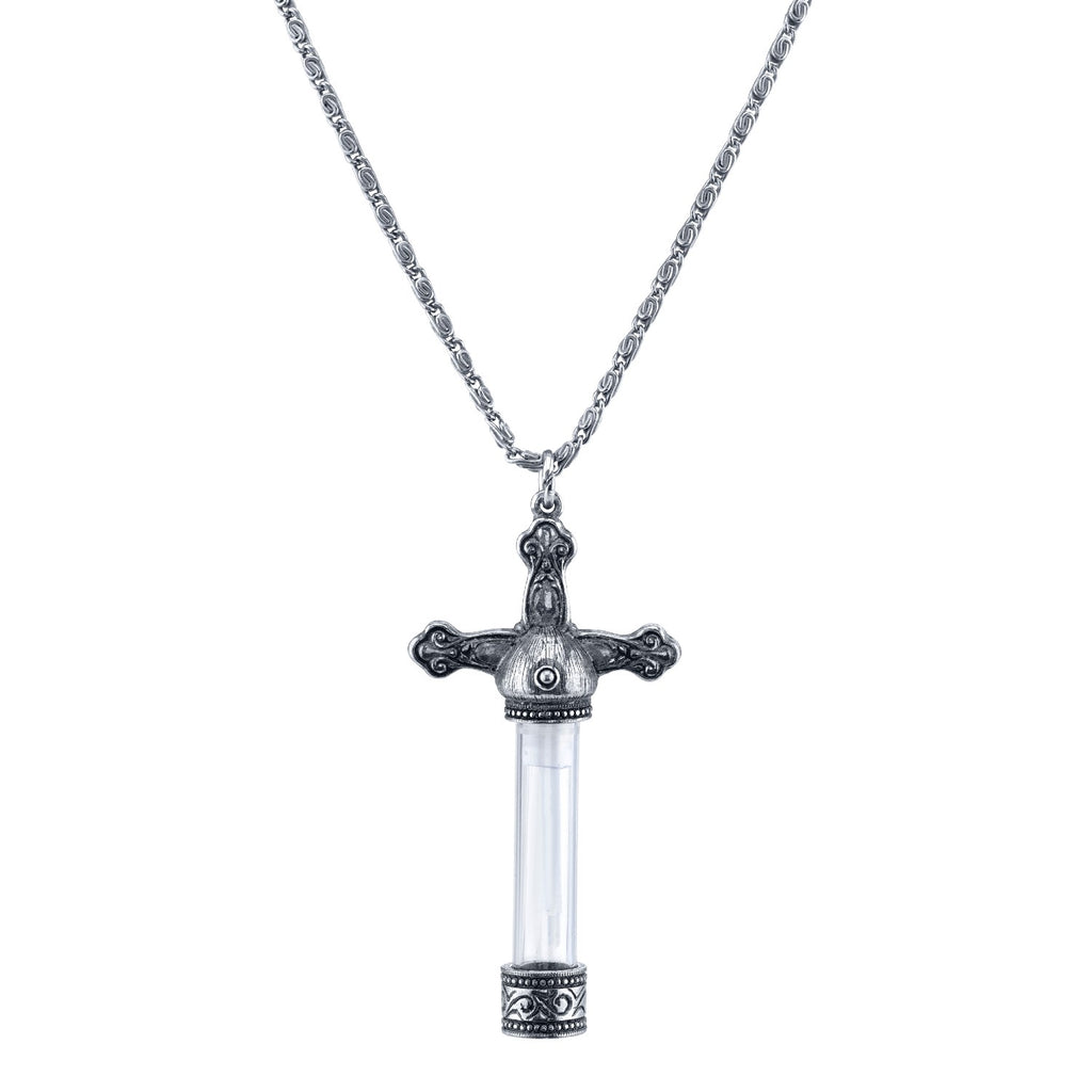 Antiqued Pewter Cross Glass Vial Necklace 30 Inches