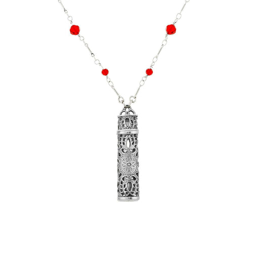 1928 Jewelry Filigrana Glass Vial Red Beaded Necklace 28