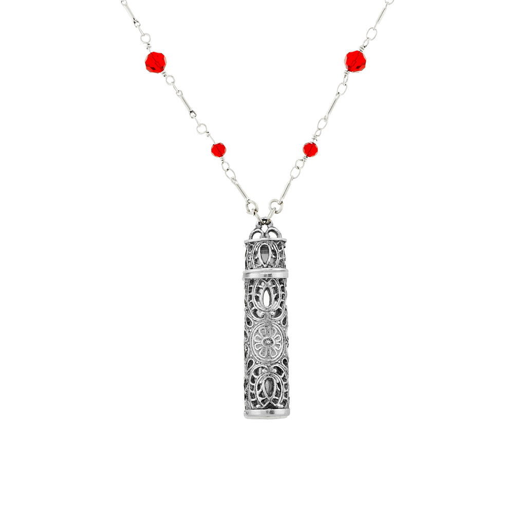 Pewter Filigree Vial With Red Beaded Chain Necklace 28 In