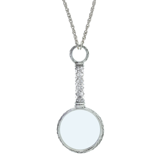 Pewter Crystal Magnifying Glass Necklace 30 In