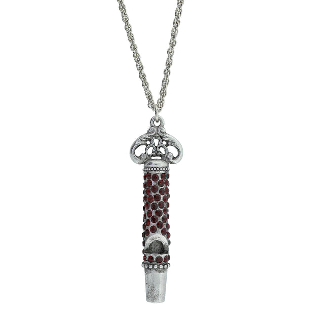 Pewter Crystal Pave Decorated Whistle Necklace Red