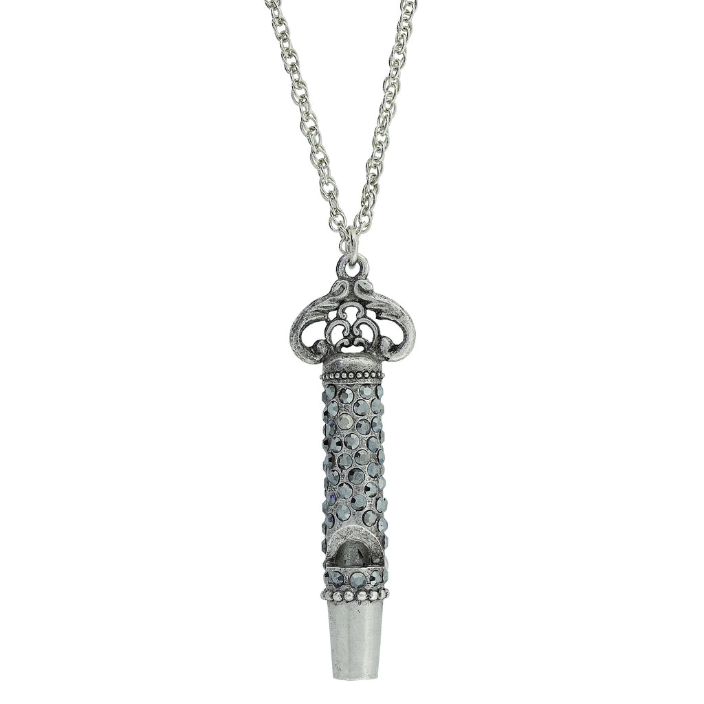 Pewter Crystal Pave Decorated Whistle Necklace Grey