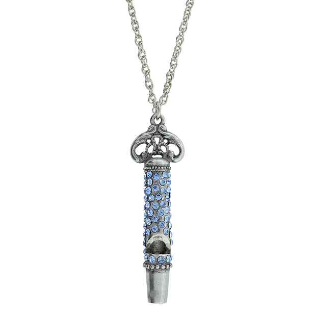 Pewter Crystal Pave Decorated Whistle Necklace Light Blue