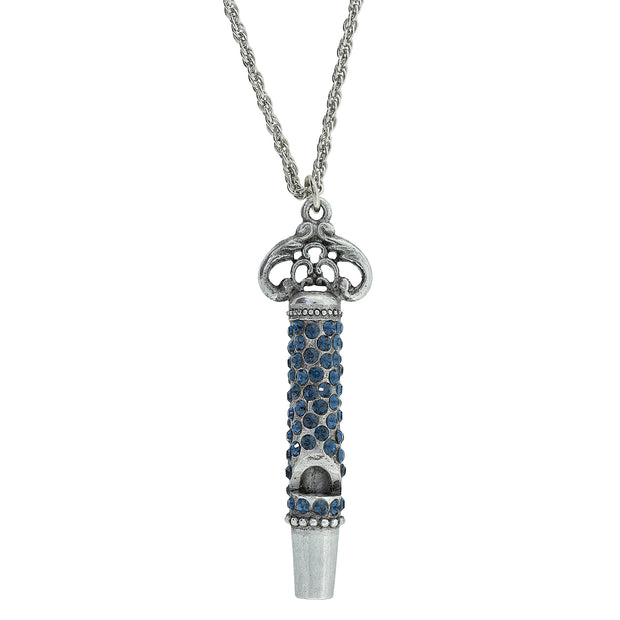 Pewter Crystal Pave Decorated Whistle Necklace Dark Blue