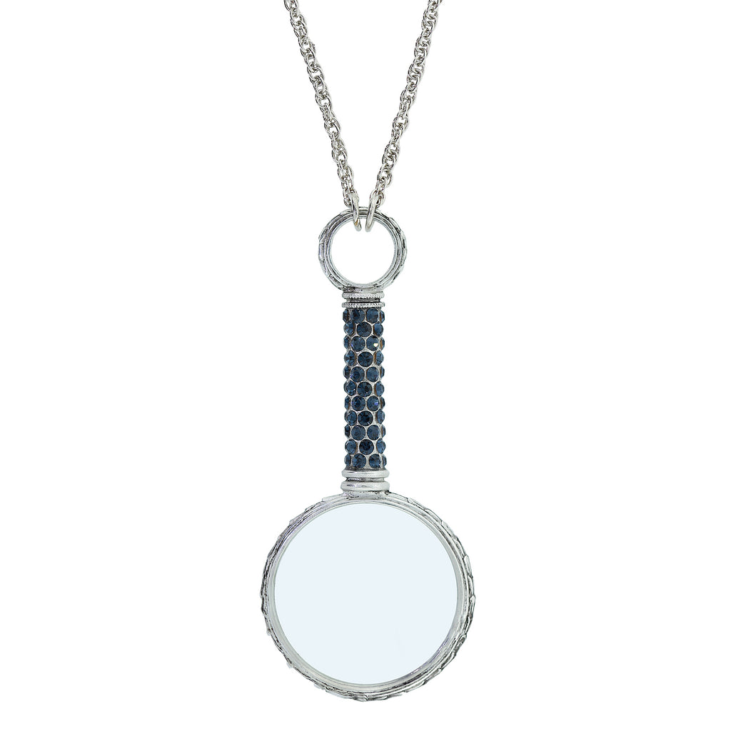 Pewter Crystal Pave Magnifying Glass Necklace Dark Blue