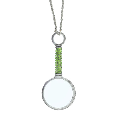 Pewter Crystal Pave Magnifying Glass Necklace Green