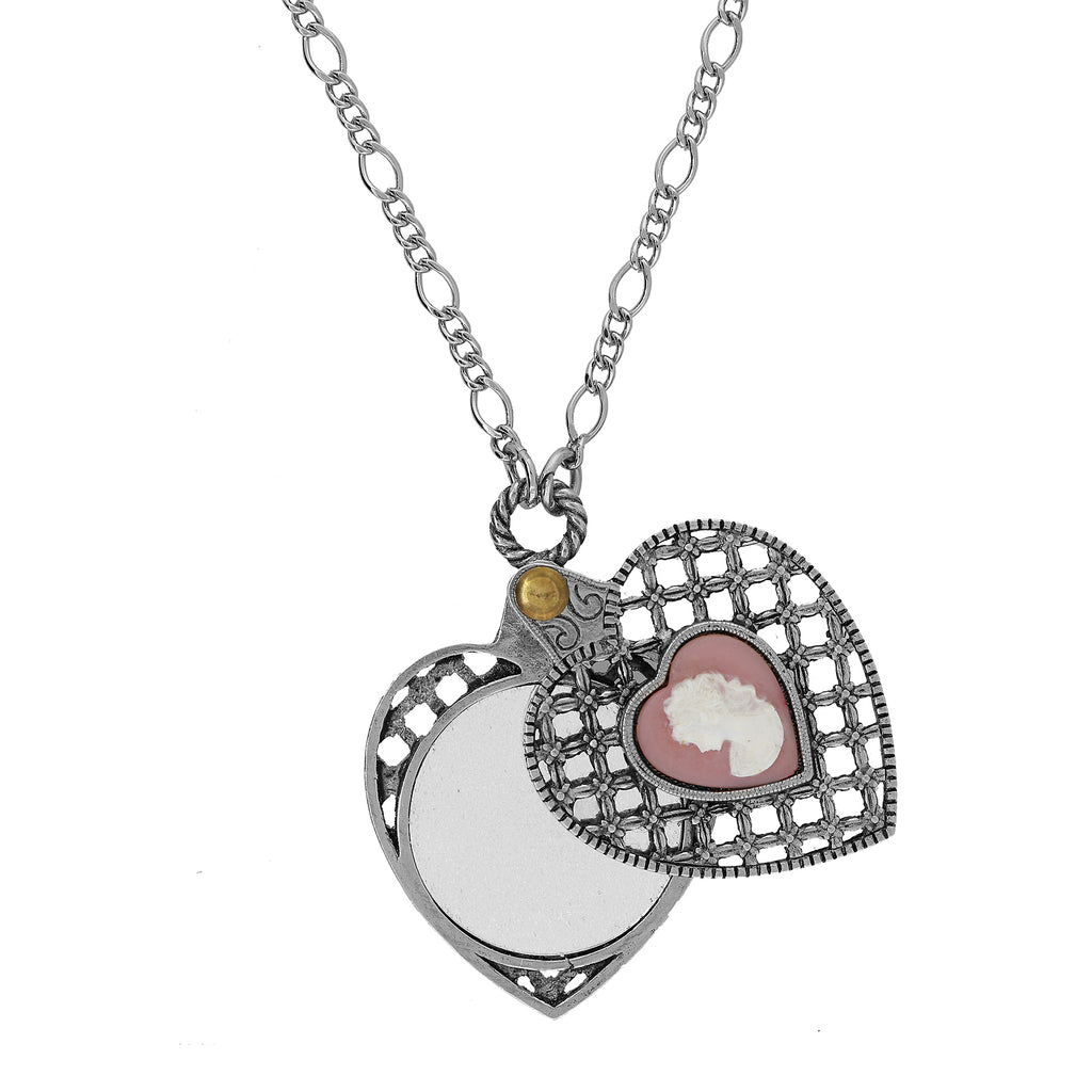Pewter Heart with Pink Cameo Mirror Necklace 30 Inch