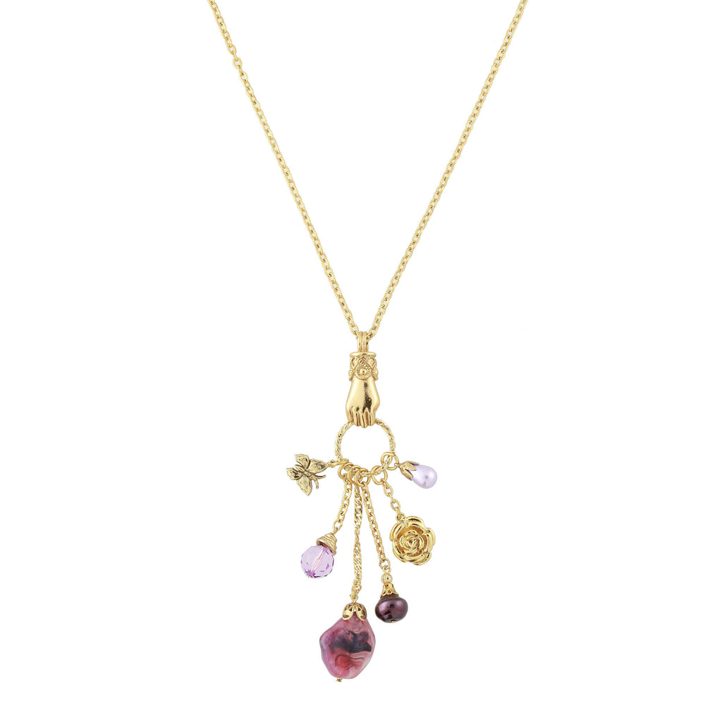 Gold Tone Amethyst Color Multi Charm Hand Necklace 30 In