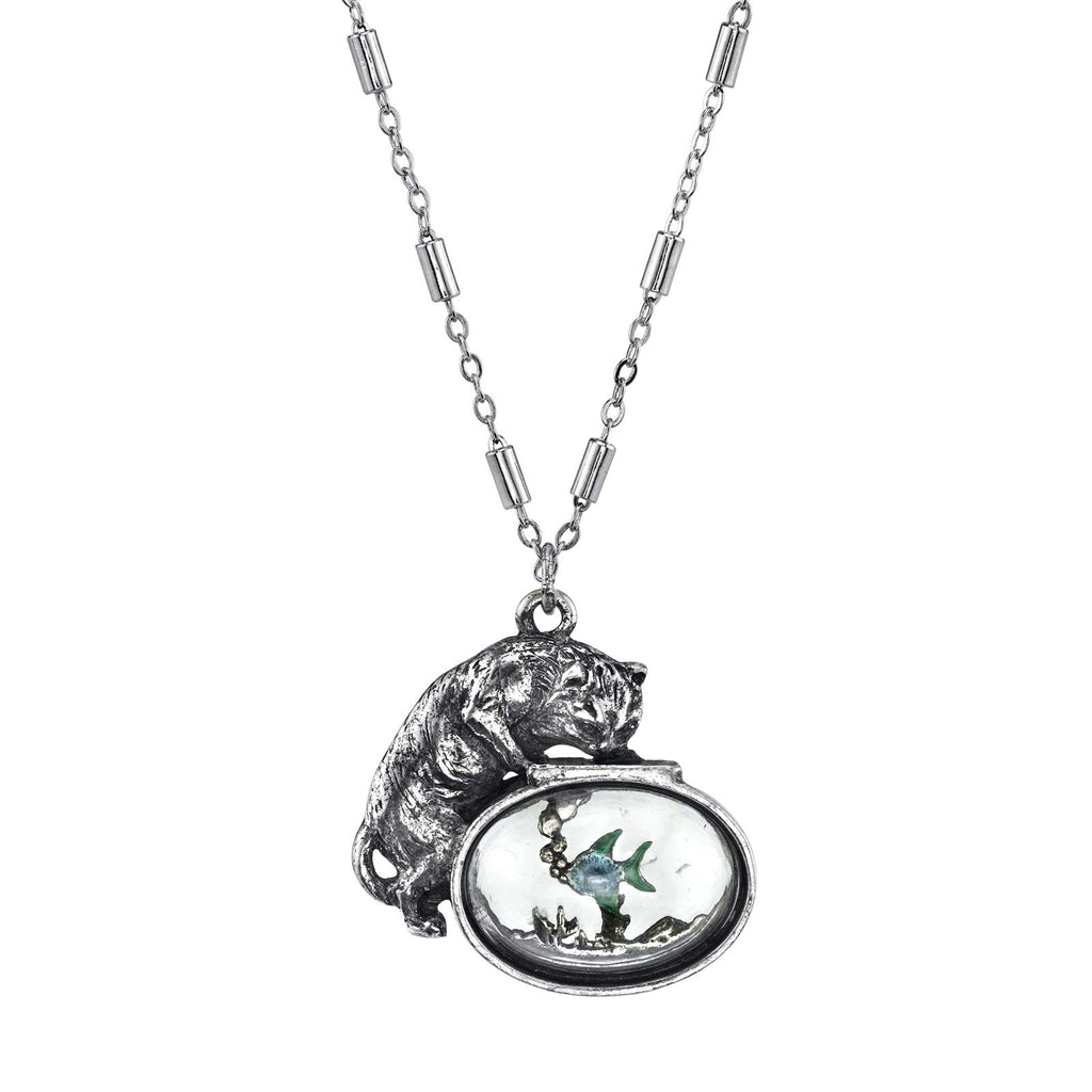 Pewter Cat W/Blue Enamel Fish In Glass Fishbowl Necklace 30 In