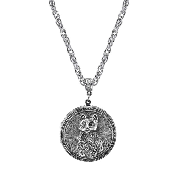 Pewter Cat Locket Necklace 30 In