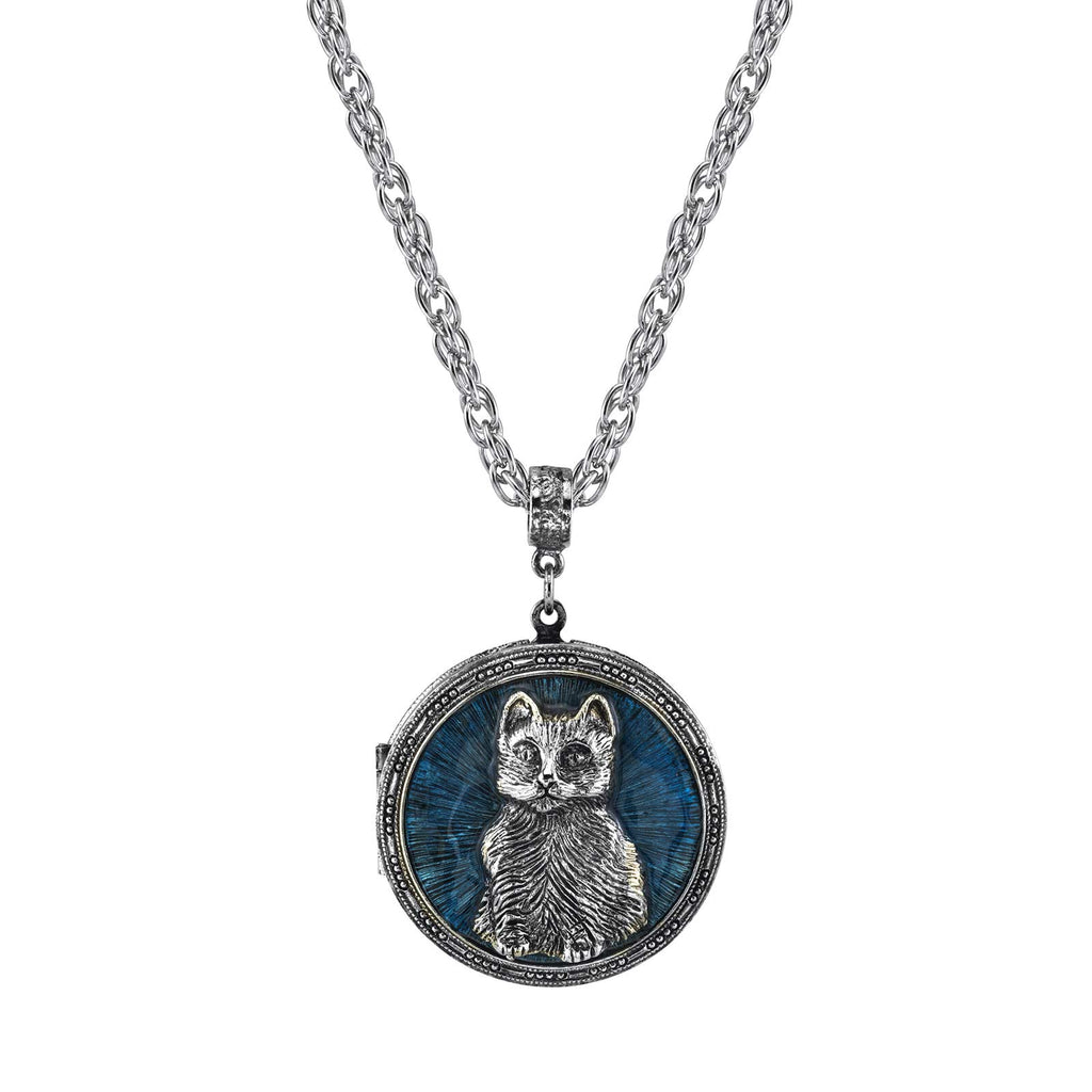 Pewter Cat Locket With Blue Enamel Necklace 30 In