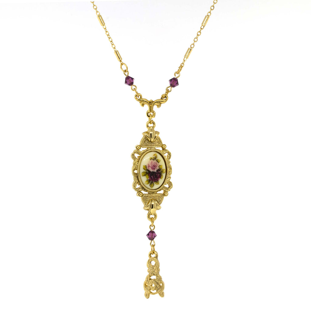 Gold Tone Pink & Purple Floral Drop Pendant Necklace 24