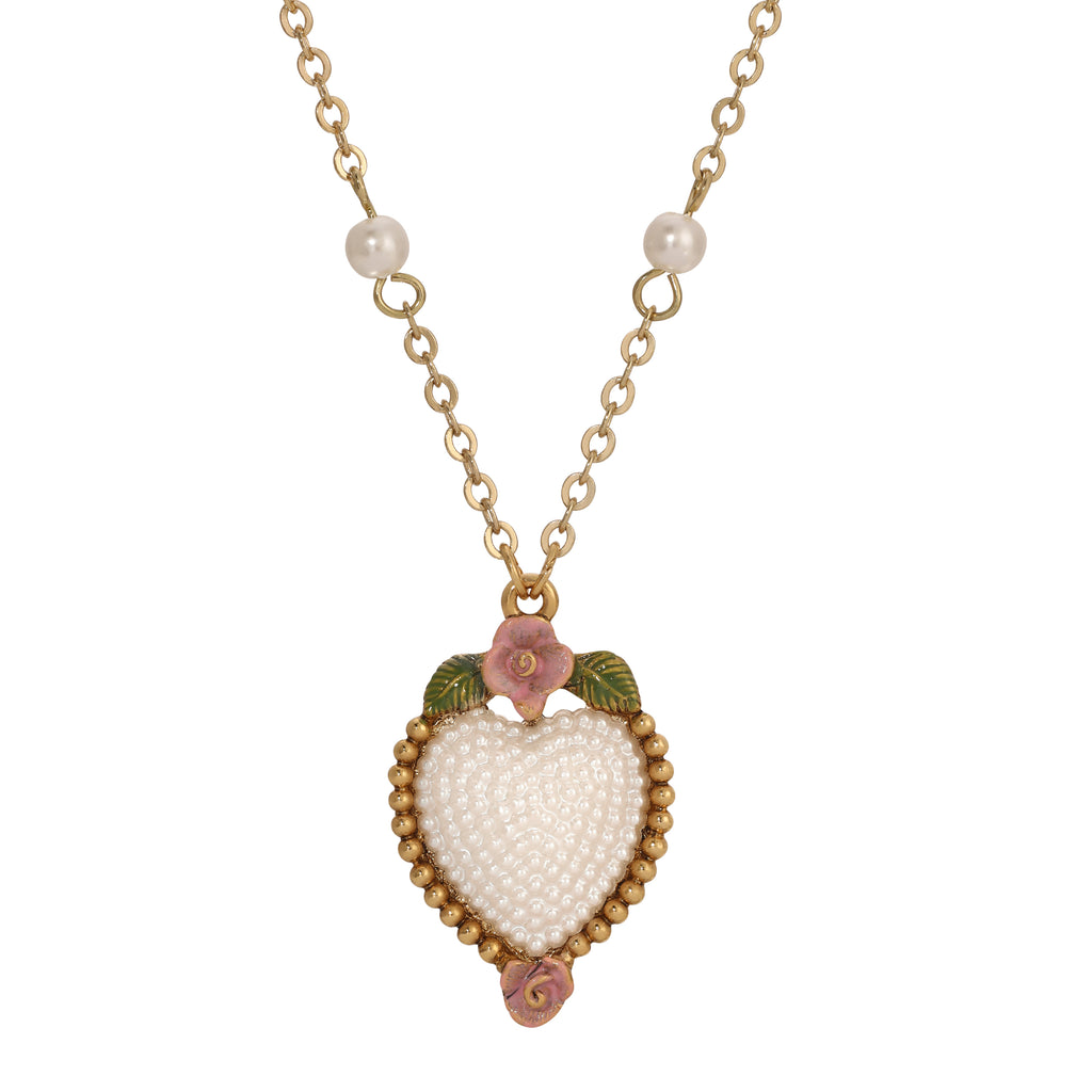 Pearly Eden Pink Rose Enamel Faux Pearl Heart Pendant Necklace 16" + 3" Extender