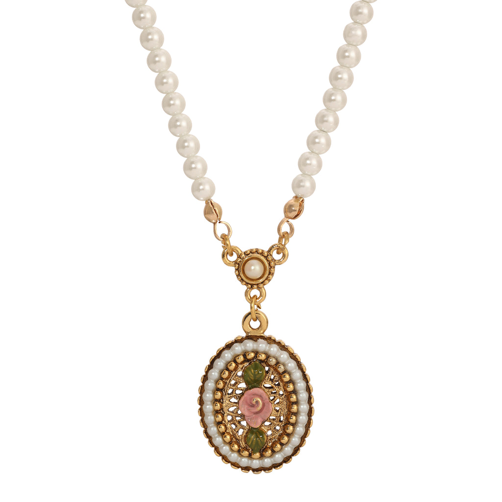 Pearly Eden Faux Pearl Strand Pink Rose Enamel Pendant Necklace 14" + 3" Extender