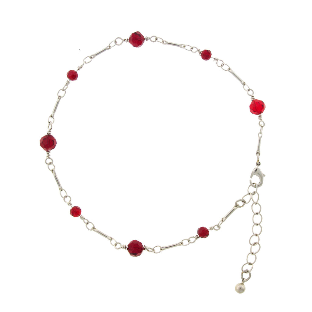 Silver Tone Red Beaded Chain Anklet 9  Adj.