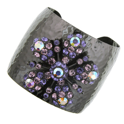 Black Tone Purple And Ab W/ Swarovski Elements Flower Cuff Bracelet