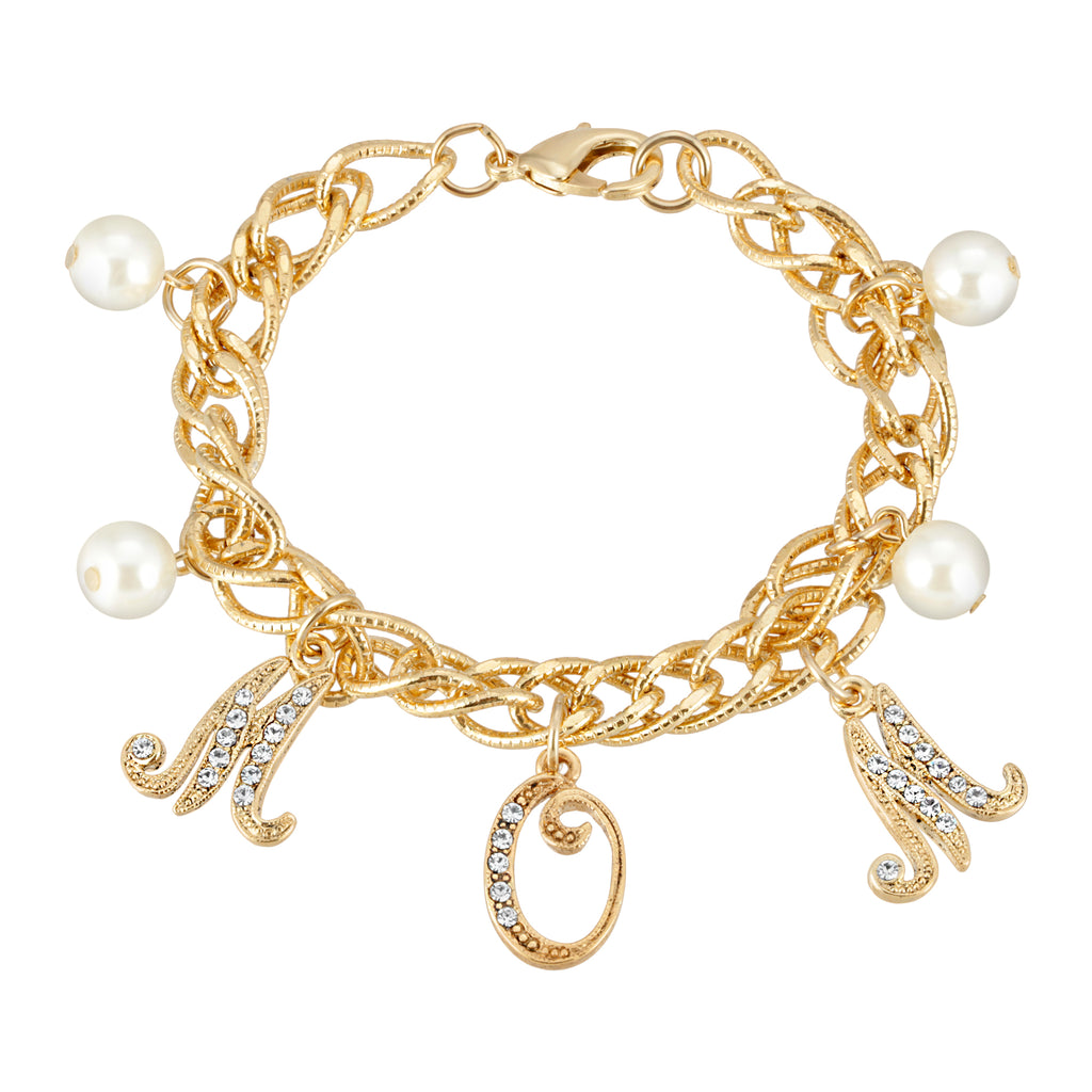 Crystal Faux Pearl Mom Charm Chain Bracelet