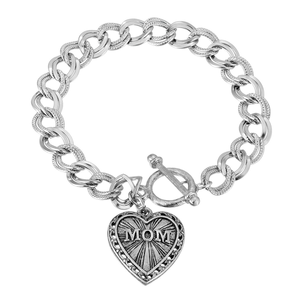 Pewter Mom Heart Charm Toggle Bracelet