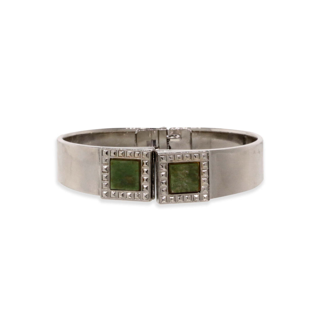 Silver Tone Jade Gemstone Square Spring Bracelet