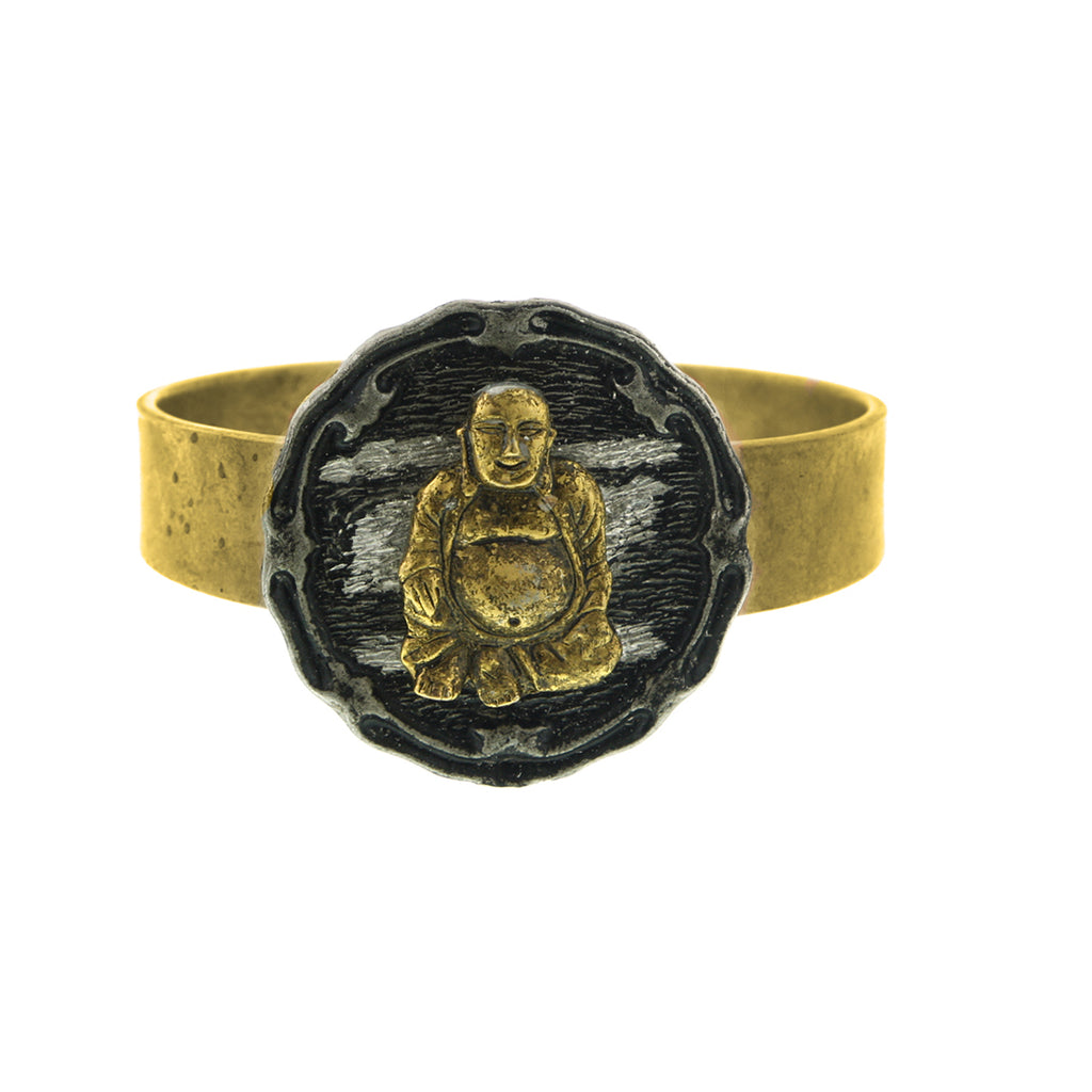 Matte 14K Gold Dipped Hinged Bracelet With Pewter Tone Finish  Sitting Buddha