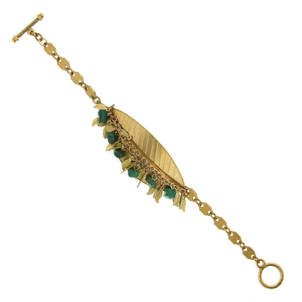 Gold Tone Leaf Toggle Bracelet Accented With Gemstone Malachite Chips
