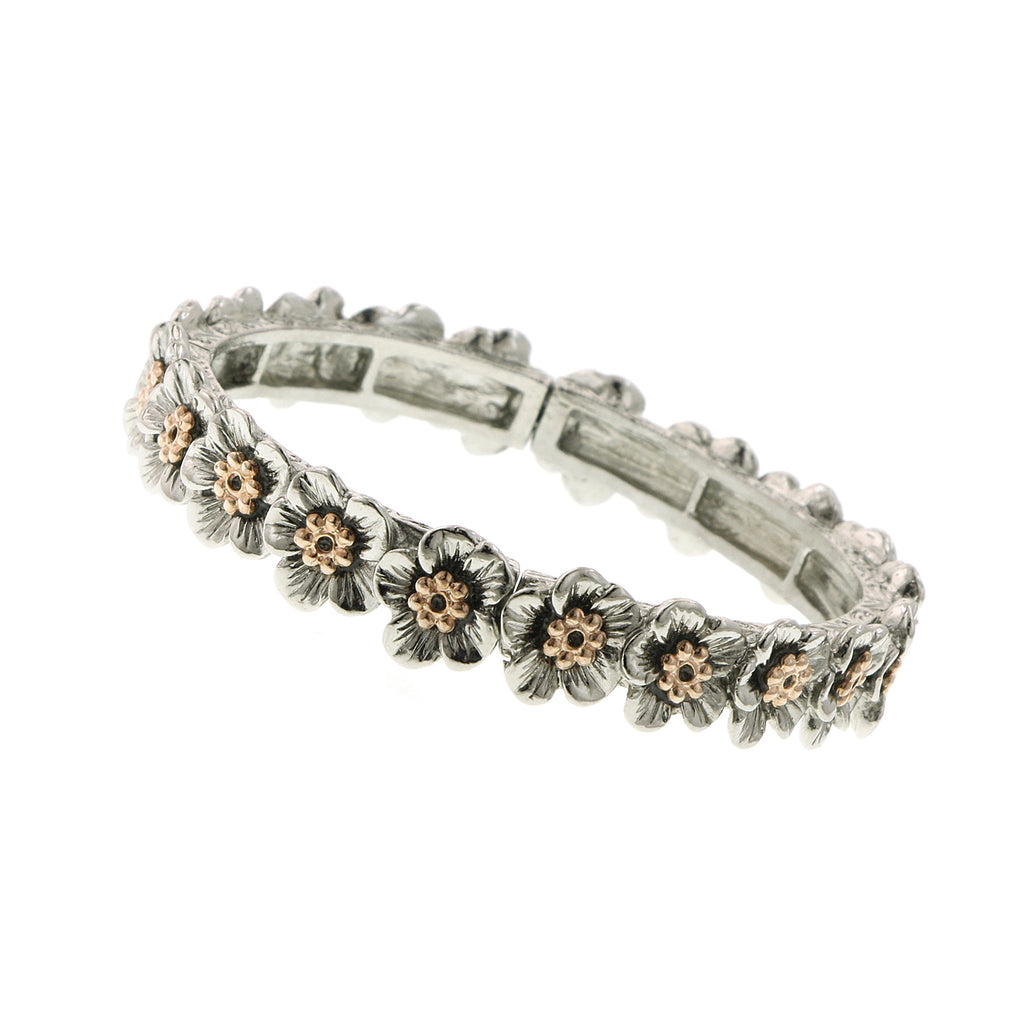 Silver Tone And Rose Gold Tone Flower Stretch Bracelet