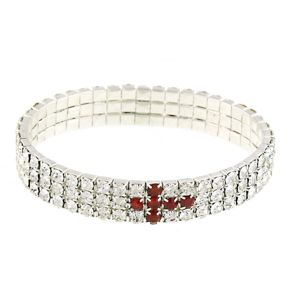 Silver Tone Red Rhinestone Cross Stretch Bracelet