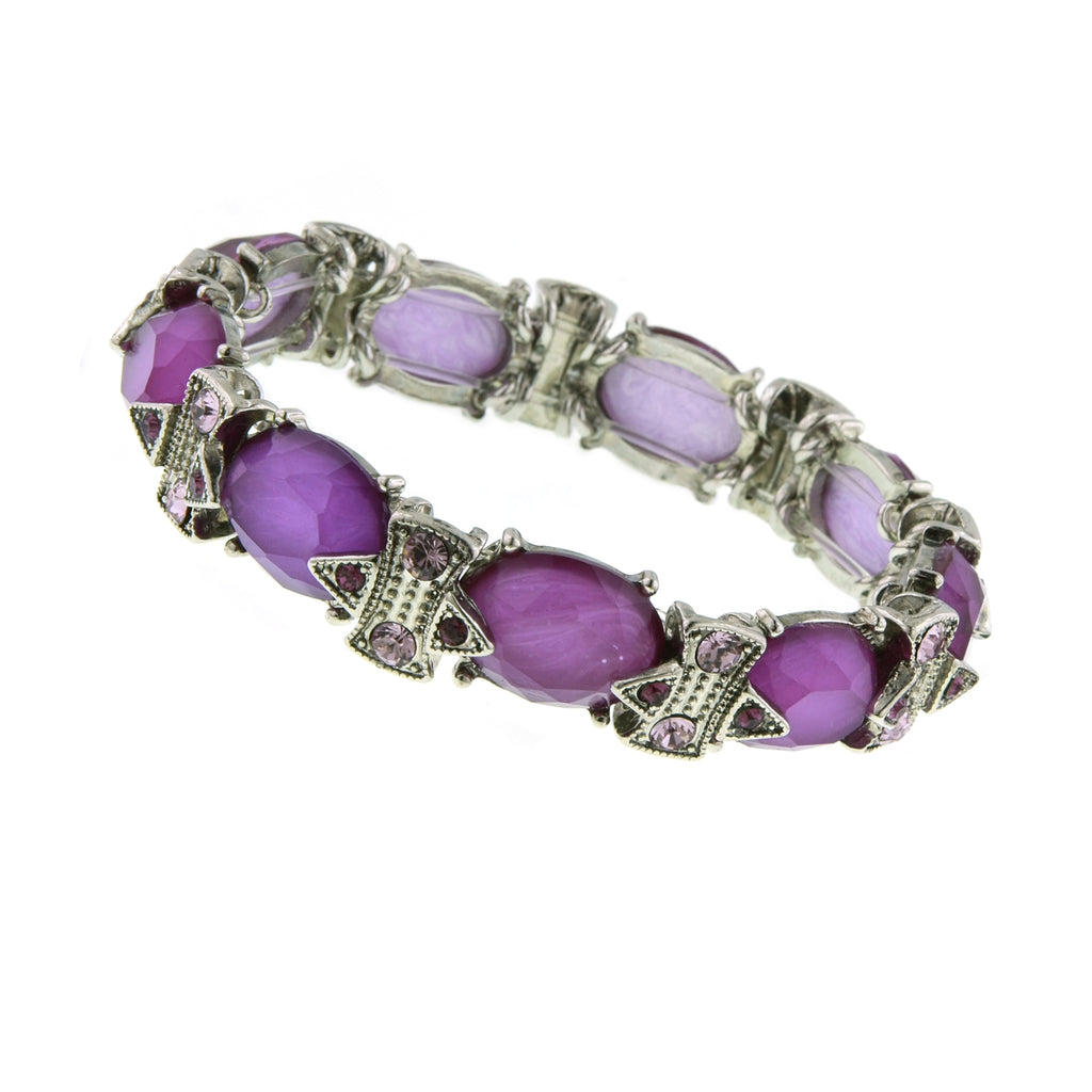 Silver Tone Purple Oval Faceted Stretch Bracelet