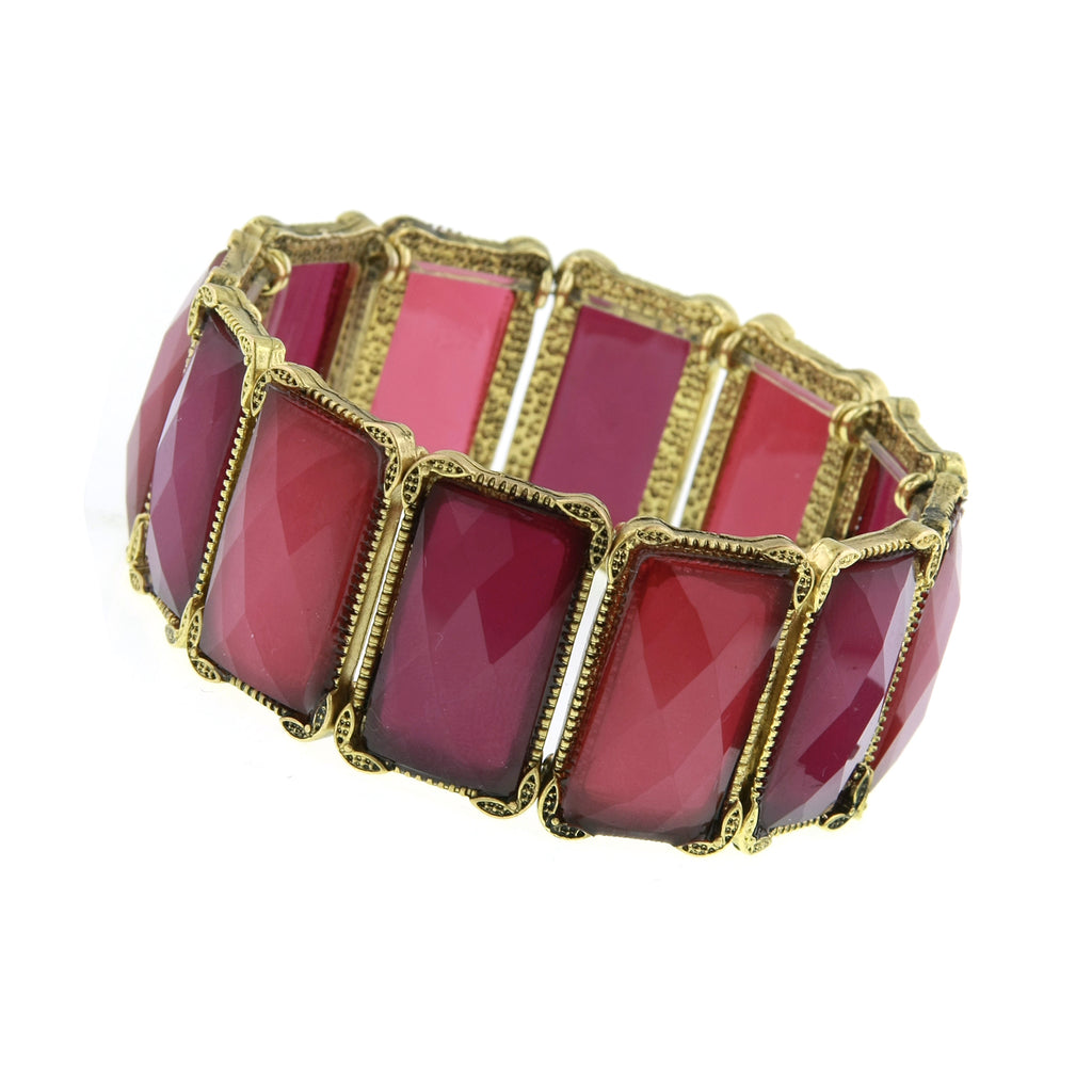 Gold Tone Amethyst Faceted Rectangle Stretch Bracelet
